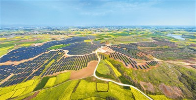 湖北省钟祥市丰乐镇白佛台村，光伏板在阳光的照耀下熠熠生辉。钟国庆摄（人民图片）