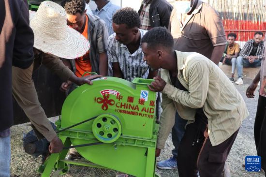 11月26日，在埃塞俄比亚奥罗米亚州比绍夫图市戈迪诺村，当地村民在搬运中国捐赠的农业设备。新华社记者刘方强摄